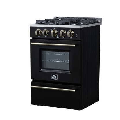 Forno Breno 24 Inch Freestanding Gas Range in Black with Antique Brass, Plug Included, Energy Efficient