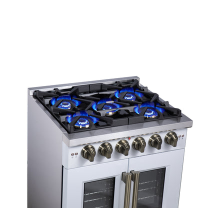 Forno Capriasca 30-Inch White Freestanding French Door Gas Range, 4 Burners, Convection Oven, Energy Efficient