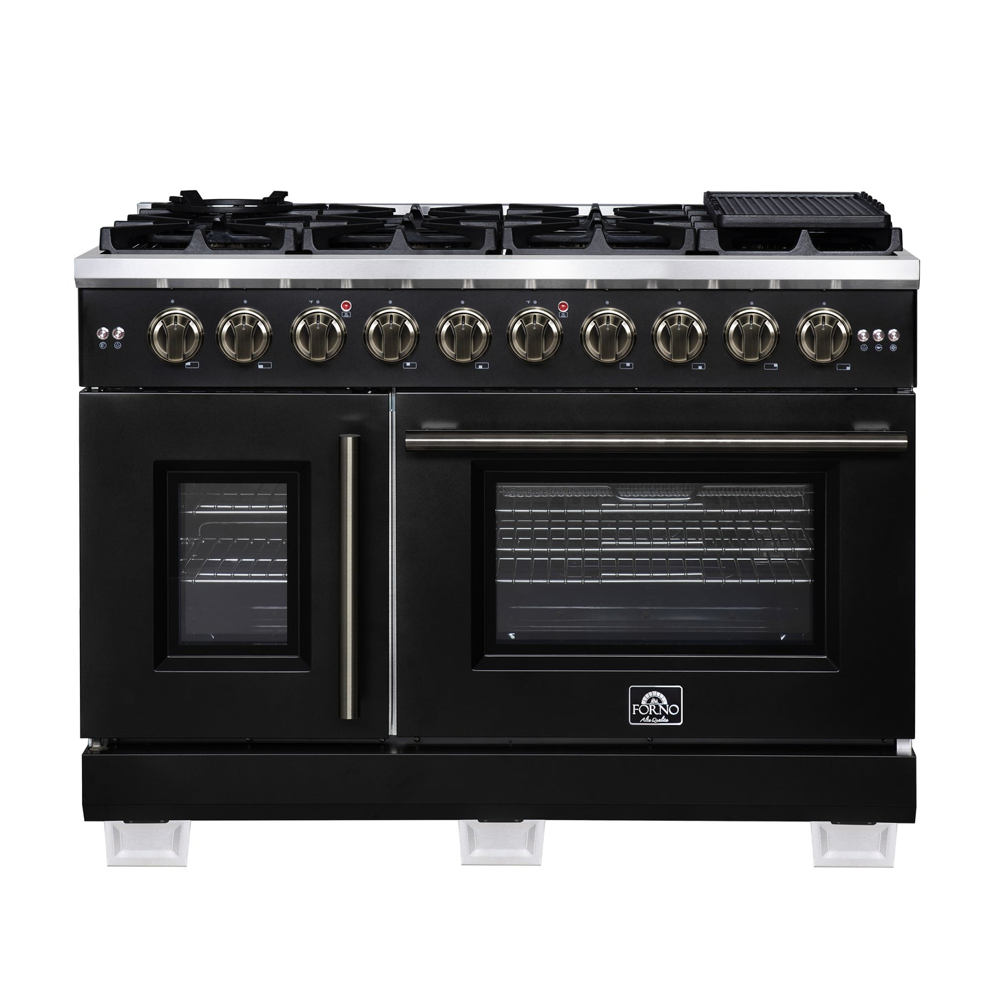 Forno Capriasca 48-Inch Black Freestanding French Door Gas Range, 8 Burners, Convection Oven, Energy Efficient