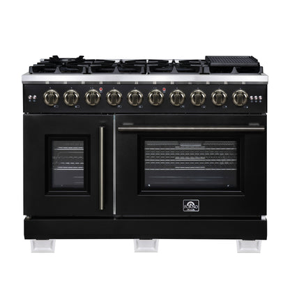Forno Capriasca 48-Inch Black Freestanding French Door Gas Range, 8 Burners, Convection Oven, Energy Efficient