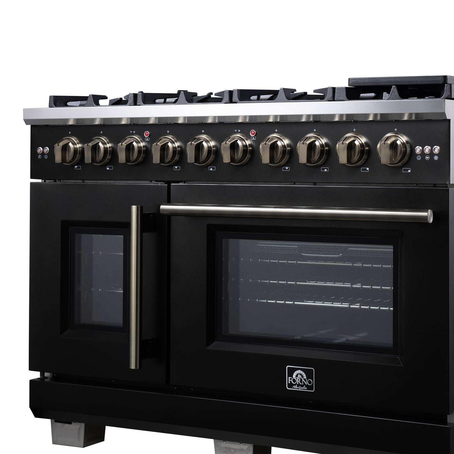 Forno Capriasca 48-Inch Black Freestanding French Door Gas Range, 8 Burners, Convection Oven, Energy Efficient