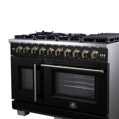 Forno Capriasca 48-Inch Black Freestanding French Door Gas Range, 8 Burners, Convection Oven, Energy Efficient