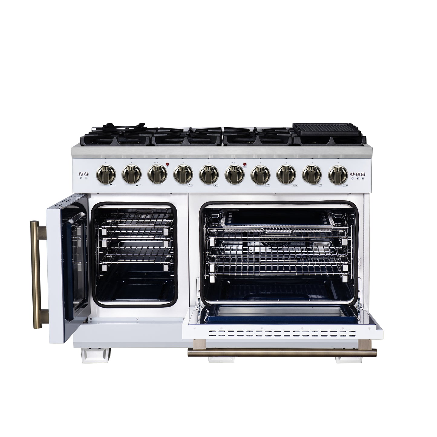 Forno Capriasca 48-Inch White Freestanding French Door Gas Range, 8 Burners, Convection Oven, Energy Efficient