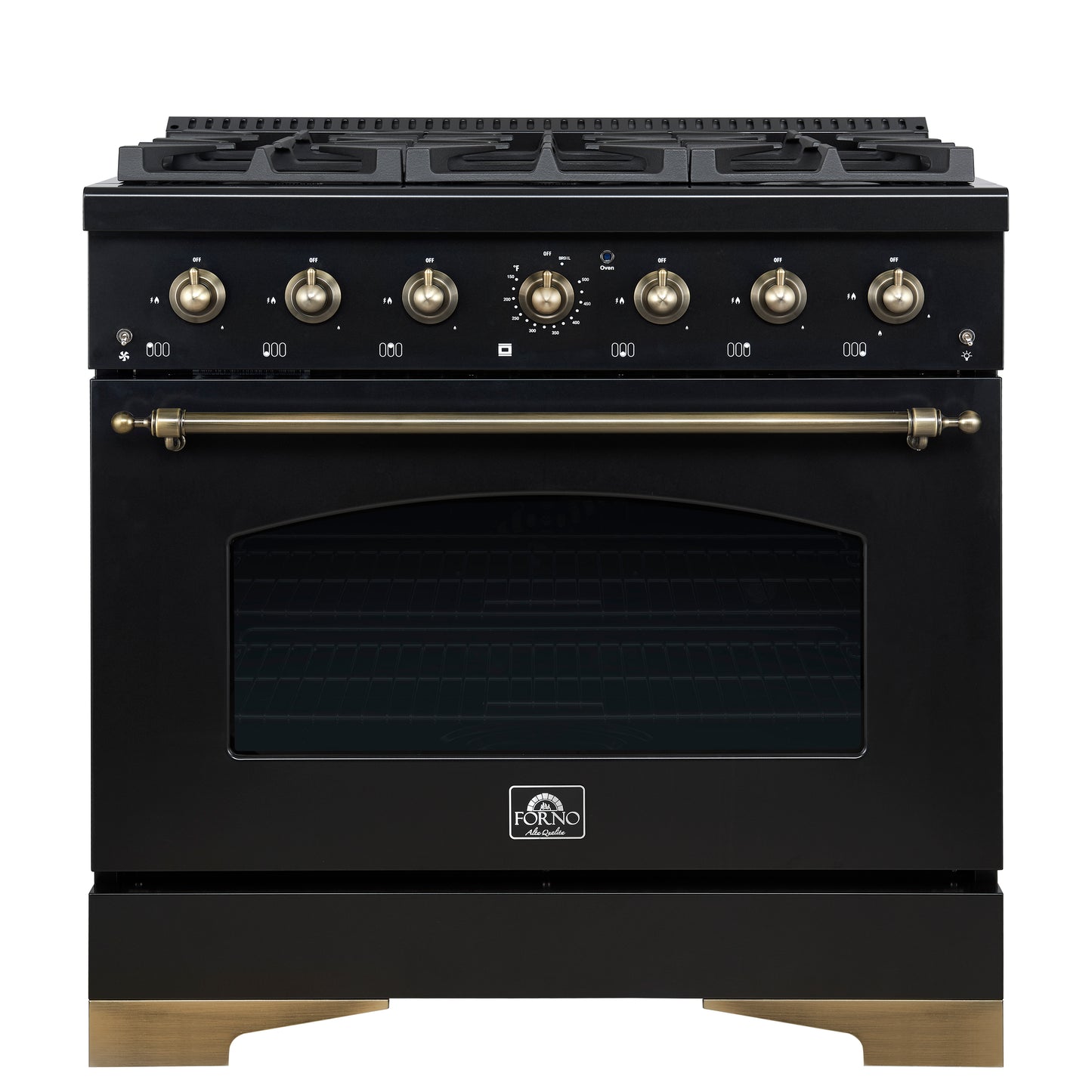 Forno Antico 36-Inch Freestanding Gas Range, Black, Antique Brass Design, 6 Burners, Convection Oven, Energy Efficient