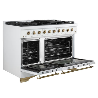 Forno Antico 48-Inch Freestanding Gas Range, White, Antique Brass Design, 8 Burners, Griddle, Double Ovens, Energy Efficient