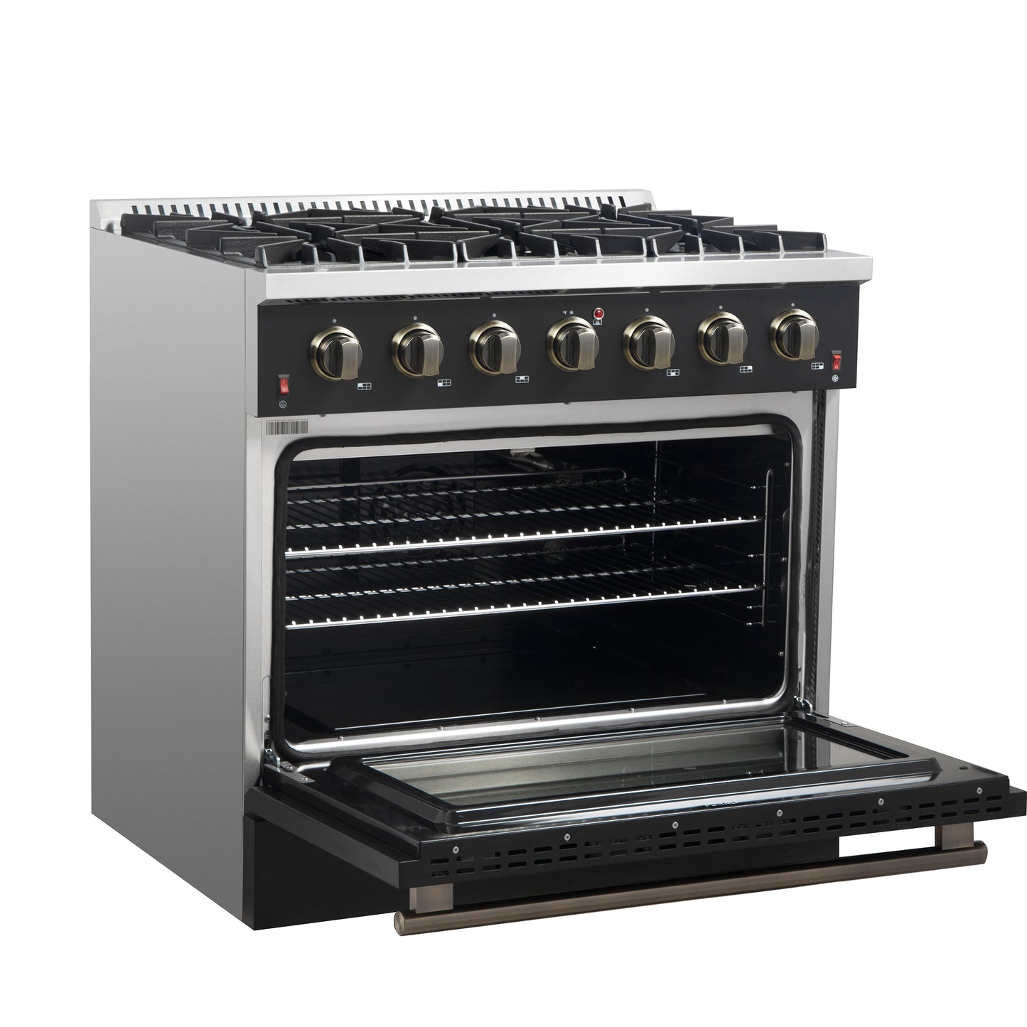Forno Galiano 36-inch Freestanding Gas Range in Black with Antique Brass Design, 6 Burners, 83,000 BTU, 5.36 cu.ft. Convection Oven