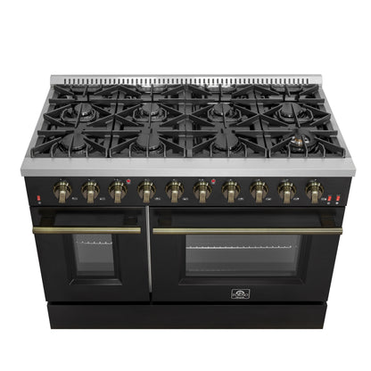 FORNO Galiano 48-inch Gas Range Black & Antique Brass Design, 8 Burners, 107,000 BTU, Griddle, 6.58 cu.ft. Double Ovens