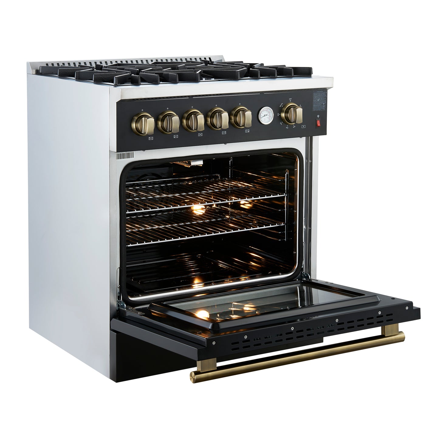 Giovanni 30-inch Gas Range Black & Antique Brass Design, 5 Burners 67,000 BTU, 4.32 cu.ft. Convection Oven