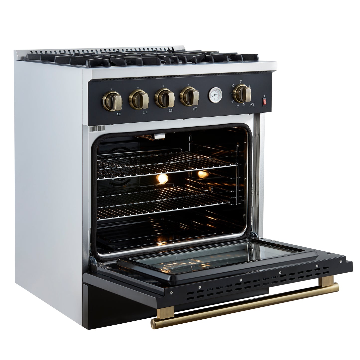 Marco 30-inch Gas Range Black & Antique Brass Design, 4 Burners 37,000 BTU, 4.32 cu.ft. Convection Oven