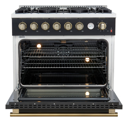 Marco 36-Inch Gas Range Black & Antique Brass Design, 6 Burners 67,000 BTU, 5.36 cu.ft. Convection Oven