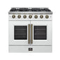 Forno Galiano 36-inch French Door Gas Range White and Antique Brass Design, 6 Sealed Burners 83,000 BTU, 5.36 cu.ft. Convection Oven