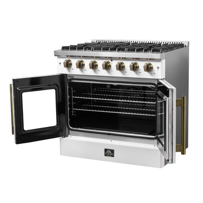 Forno Galiano 36-inch French Door Gas Range White and Antique Brass Design, 6 Sealed Burners 83,000 BTU, 5.36 cu.ft. Convection Oven