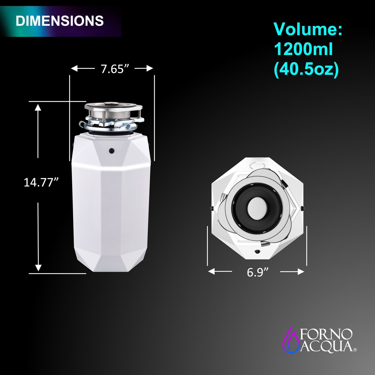 FORNO ACQUA BrightDIAMOND Moonstone 1HP Super Quiet Garbage Disposal Corded with Motion Sensor Cabinet Light & Pre-Wired Air Switch