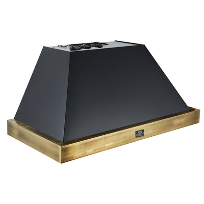 Forno Vittorio 48-Inch Wall Mount Range Hood, Black with Antique Brass Trim, 600 CFM Airflow, Dishwasher-Safe Baffle Filters, Remote Control, 3-Speed Fan, Bright LED Lighting.