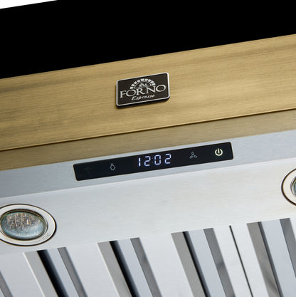 Forno Vittorio 48-Inch Wall Mount Range Hood, Black with Antique Brass Trim, 600 CFM Airflow, Dishwasher-Safe Baffle Filters, Remote Control, 3-Speed Fan, Bright LED Lighting.