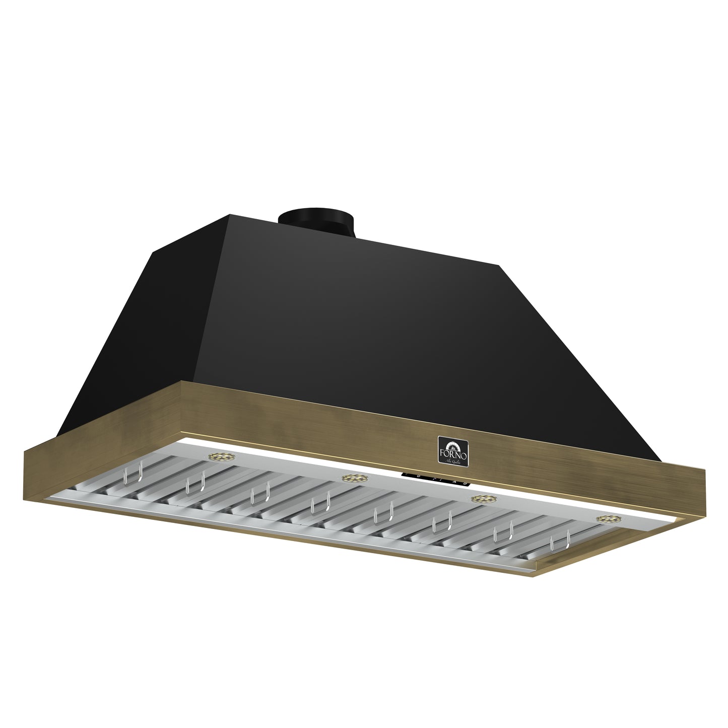 Forno Vittorio 48-Inch Wall Mount Range Hood, Black with Antique Brass Trim, 600 CFM Airflow, Dishwasher-Safe Baffle Filters, Remote Control, 3-Speed Fan, Bright LED Lighting.
