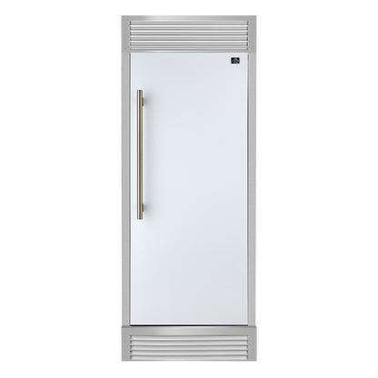 Forno Maderno 28-Inch Built-In Convertible Refrigerator in White with Antique Brass Handle, 13.6 cu.ft. Right Swing with Decorative Trim - 32-Inch Wide