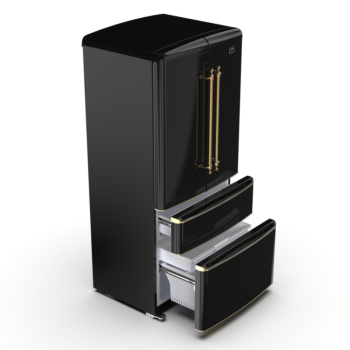 Forno Luigi 33-Inch French Door Refrigerator, 18 cu.ft, Black Finish, Antique Brass Handles, ENERGY STAR Certified