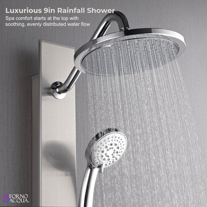 Forno Acqua AcquaSPA Shower Panel in Stainless Steel, Overhead Rainfall Shower, Handheld Shower Head, Body Jets, 6 Way Diverter, 2.5 GPM Flow Rate