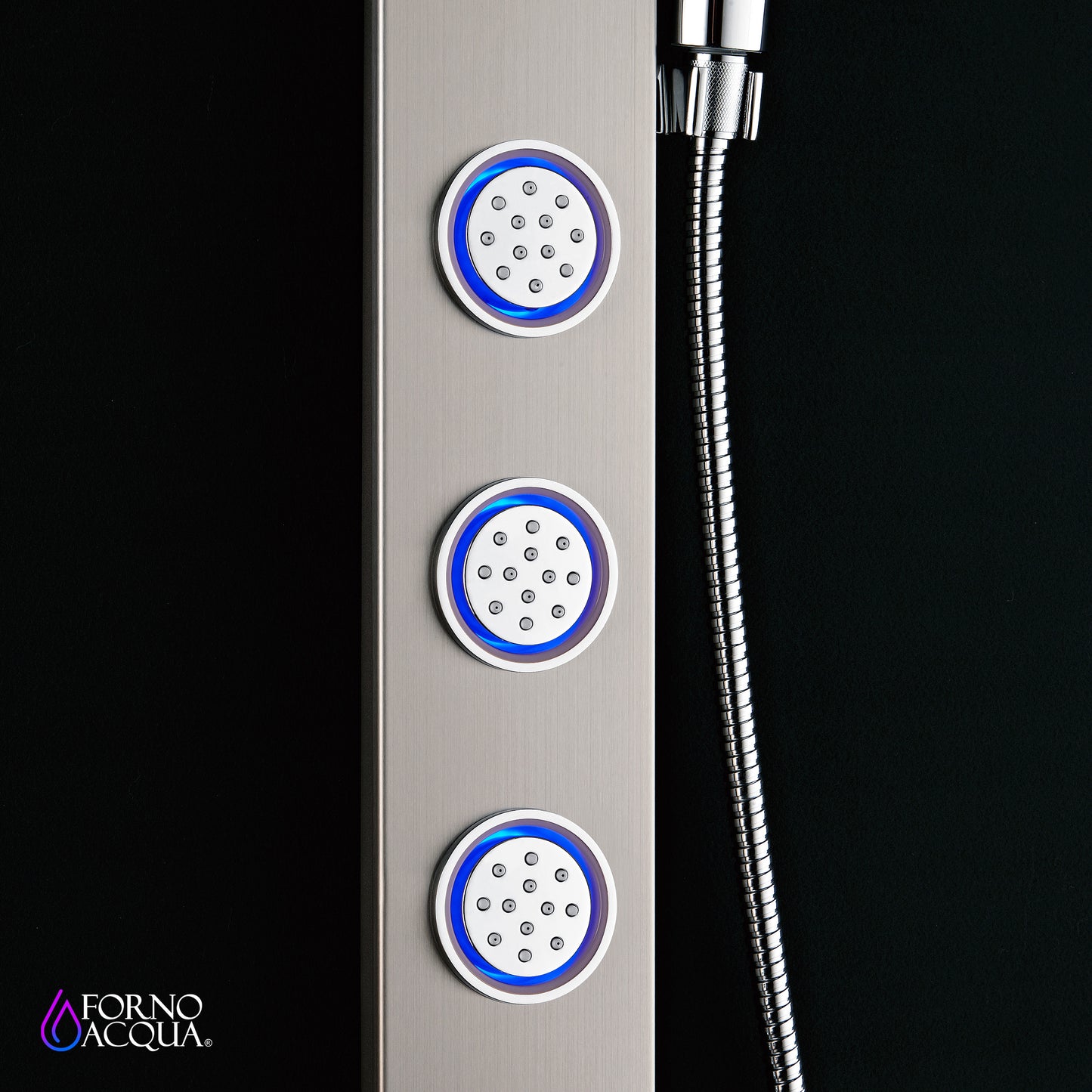 Forno Acqua AcquaSPA Shower Panel with SensoTemp, Stainless Steel, Overhead Rainfall Shower, Handheld Shower Head, Body Jets, 1.8 GPM Flow Rate