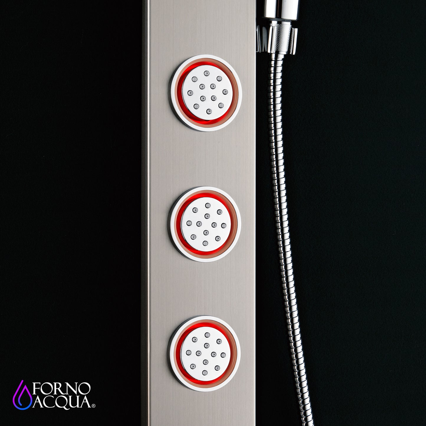 Forno Acqua AcquaSPA Shower Panel with SensoTemp, Stainless Steel, Overhead Rainfall Shower, Handheld Shower Head, Body Jets, 1.8 GPM Flow Rate