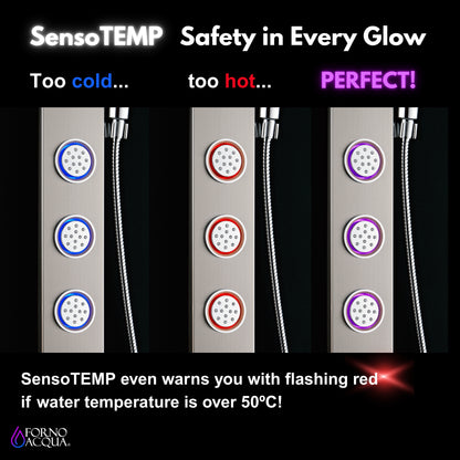 Forno Acqua AcquaSPA Shower Panel with SensoTemp, Stainless Steel, Overhead Rainfall Shower, Handheld Shower Head, Body Jets, 1.8 GPM Flow Rate