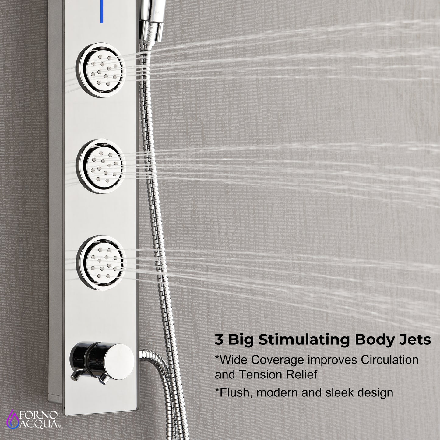 Forno Acqua AcquaSPA Shower Panel with SensoTEMP, Mirrored Stainless Steel Finish, Overhead Rainfall Shower, Handheld Shower Head, Body Jets, 1.8 GPM Flow Rate