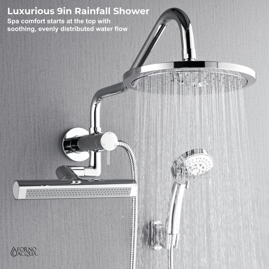 Forno Acqua AcquaFALL Mini Shower Head, Polished Stainless Steel Finish, Overhead Rainfall Shower, 7 Way Diverter, Handheld Shower Head, Body Jets, 1.8 GPM Flow Rate