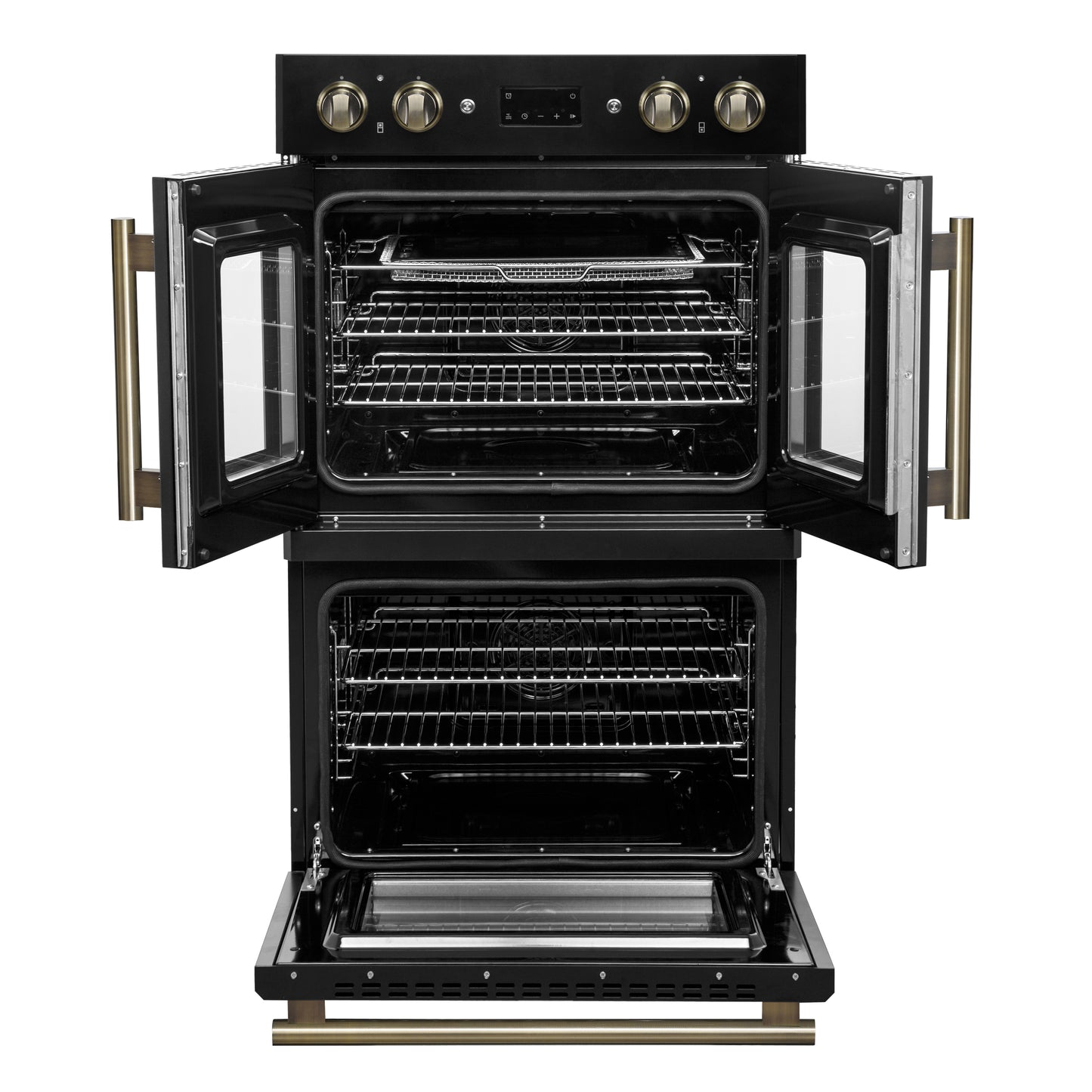 Forno Asti 30-Inch Double Electric Wall Oven with Upper French Doors in Black & Antique Brass, 7.36 cu. ft. Dual True Convection, 7,200W, Air Fry, Sous Vide, Self-Clean