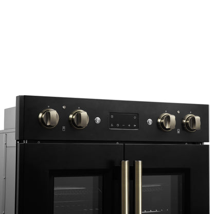 Forno Asti 30-Inch Double Electric Wall Oven with Upper French Doors in Black & Antique Brass, 7.36 cu. ft. Dual True Convection, 7,200W, Air Fry, Sous Vide, Self-Clean