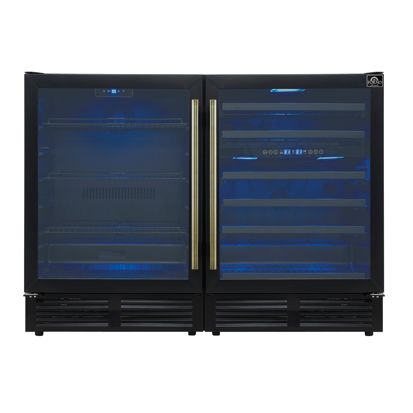 Forno Gemello 48 Inch Side-by-Side Wine and Beverage Cooler in Black with Antique Brass Handles, French Door, 9.6 cu. ft.