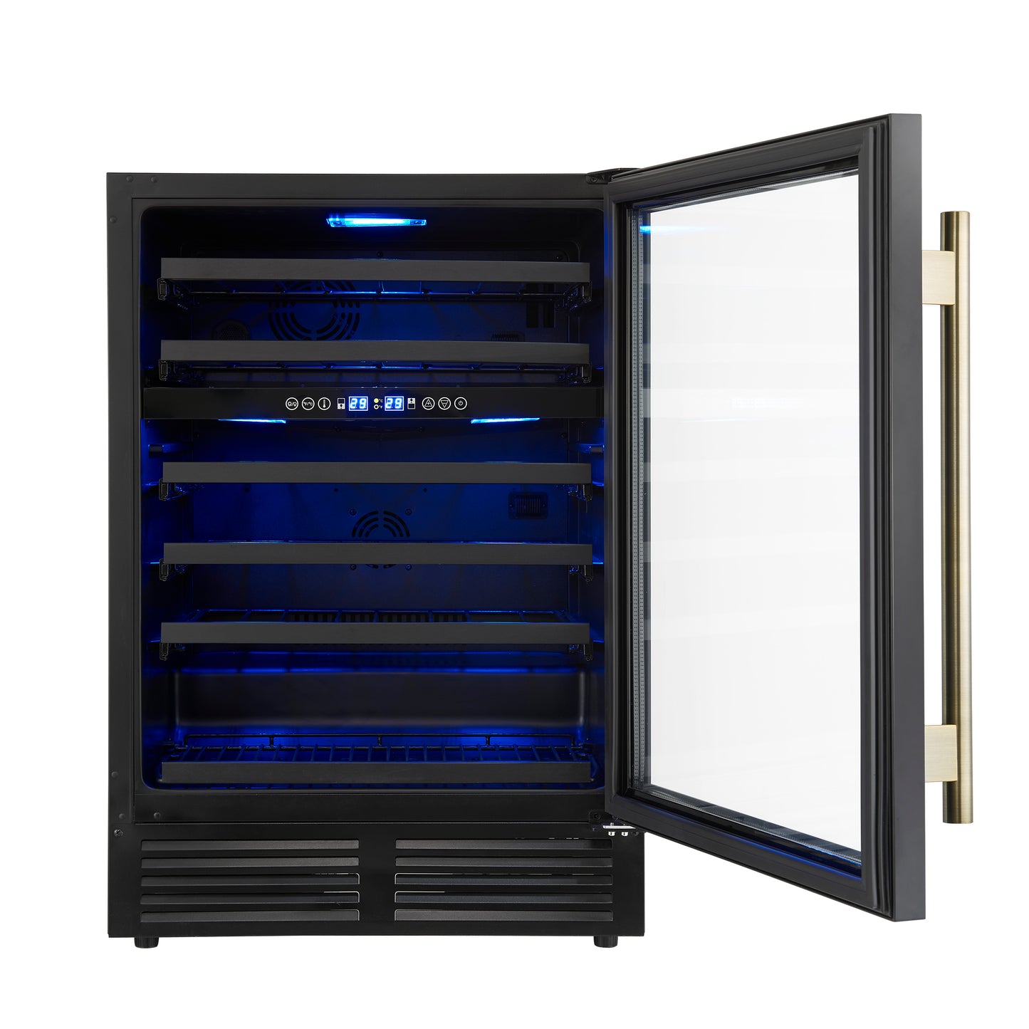 Forno Bacchino 24 Inch Wine Cooler, Black with Antique Brass Handles, with LED Lighting, Triple Glass Door, 51 Bottle Capacity, Built-In or Freestanding
